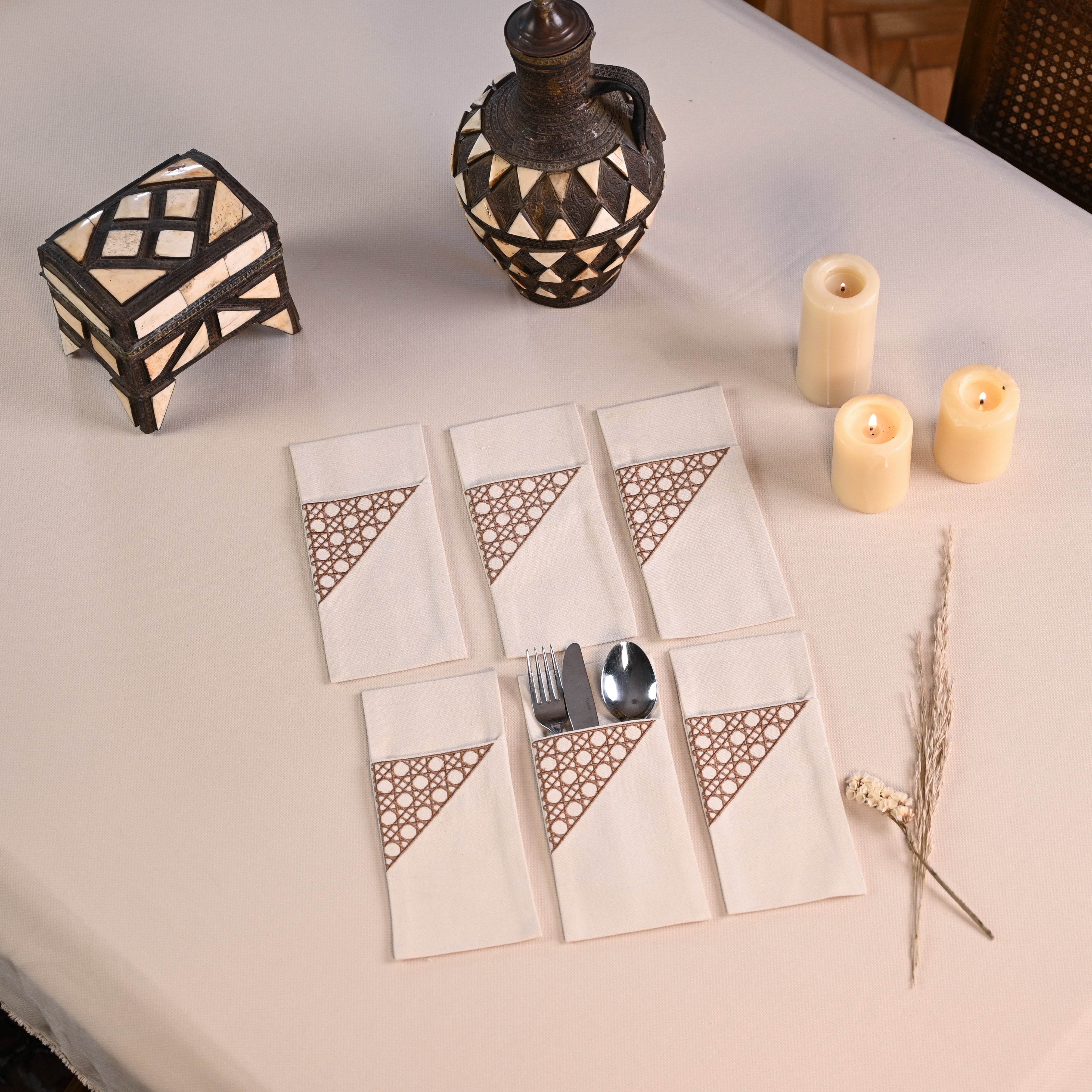 Wooden Cané Cutlery Holder Set