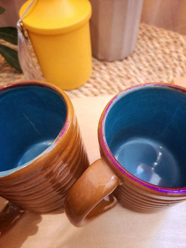 Ribbed Brown Coffee Mug with Colored Rim