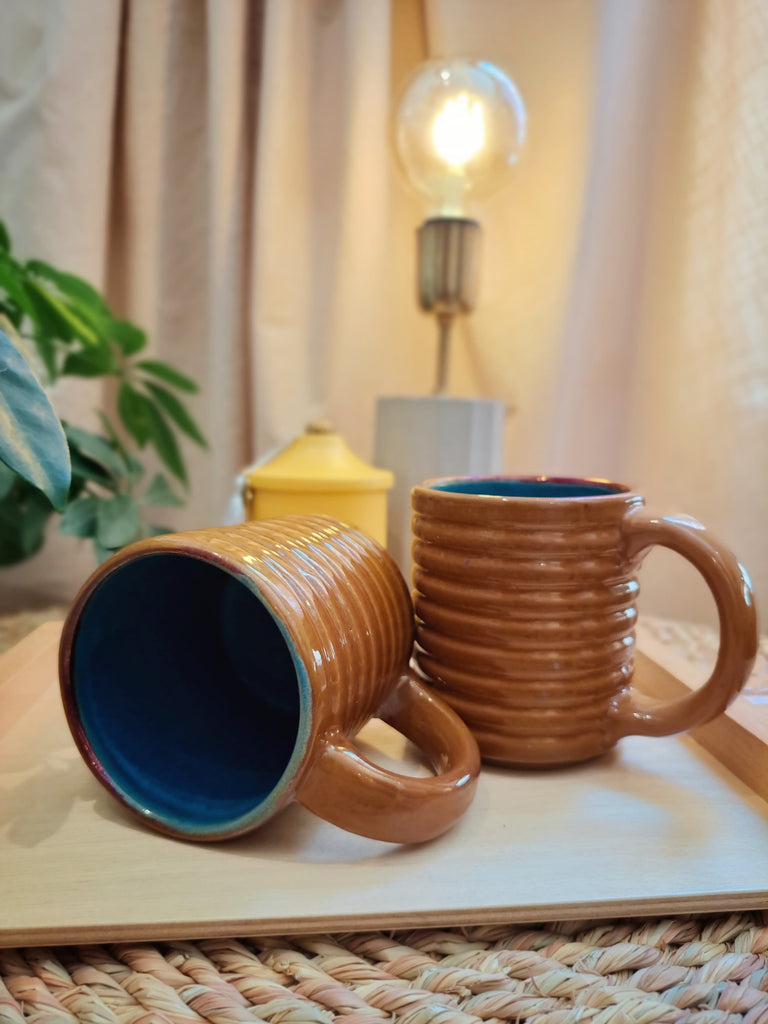 Ribbed Brown Coffee Mug with Colored Rim