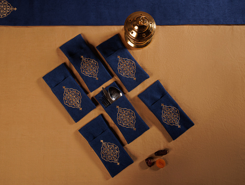 Navy Ramadan Arabesque Velvet Cutlery Holder Set
