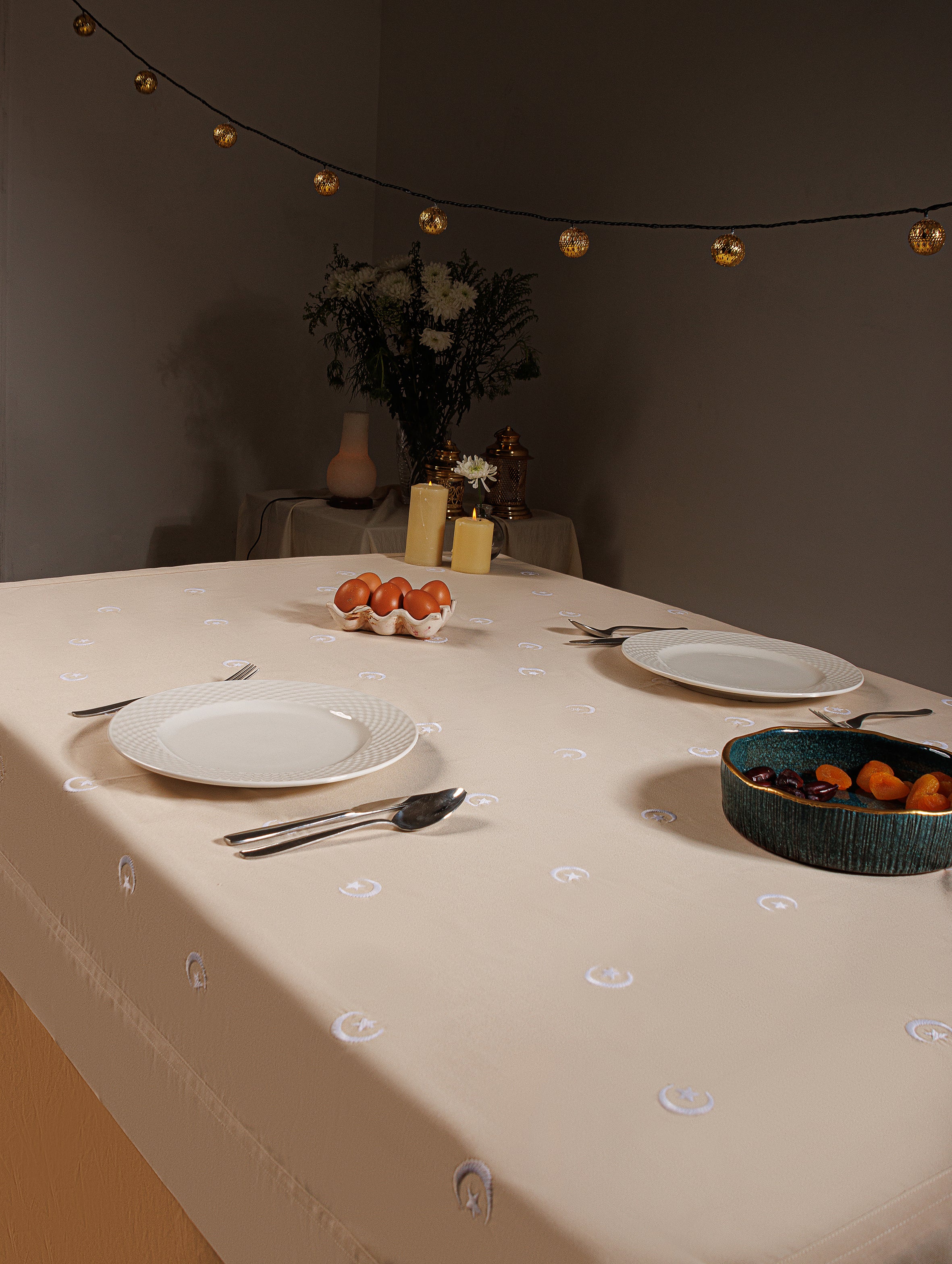 Blended Linen Holy Crescent Tablecloth - White Embroidery